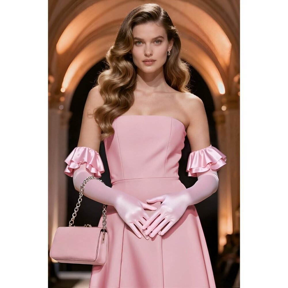 Women's Pink Long Satin Ruffle Cuff Stretchy Sleeves Gloves Wedding Costume - Picture 3 of 7